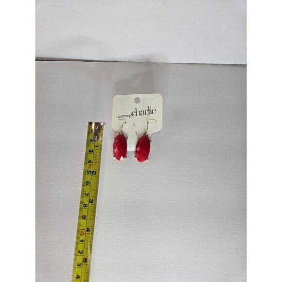 Charming Charlie's Gold Tone Dangle Earrings Red Faceted Cabachon - Picture 5 of 6